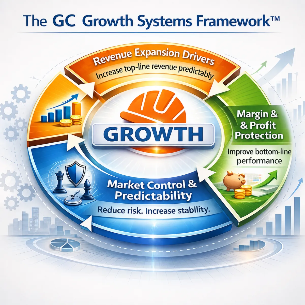 Growth Systems Framework showing revenue expansion, margin protection, and market predictability